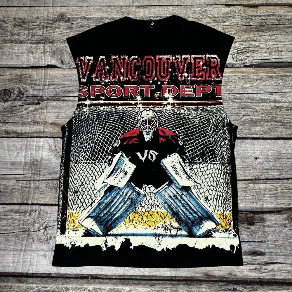ROMWE Vancouver Sport Dept Hockey Goalie Sleeveless Black T Shirts Mens Small